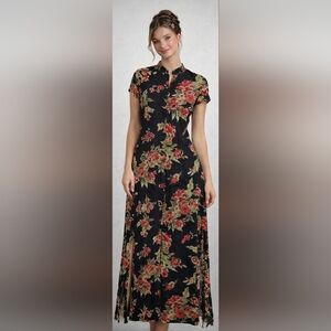 Y2K Fairycore Cottagecore Button Front Maxi Dress Size S Floral Whimsigoth Tie